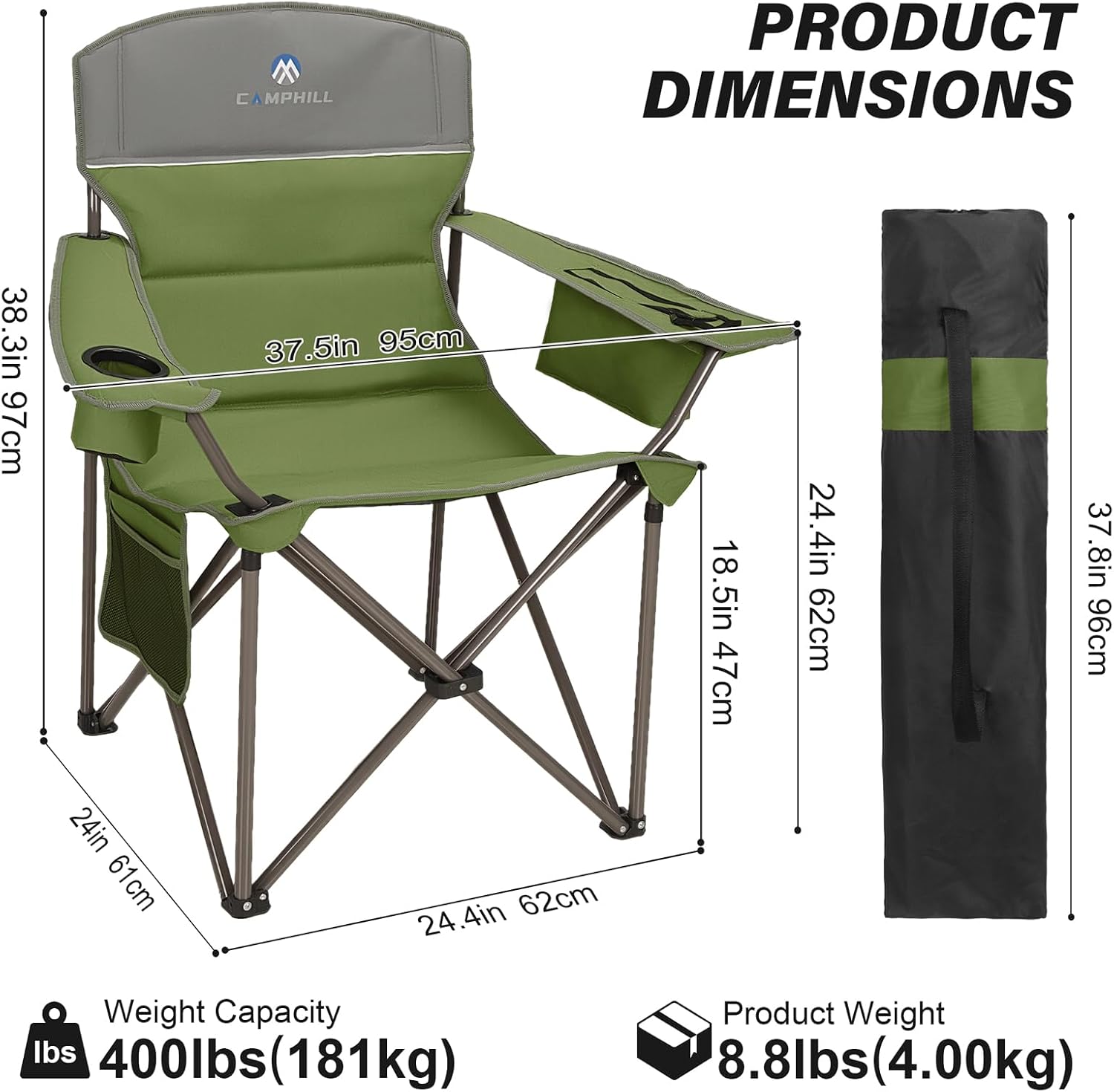 Oversized Camping Chairs 2 Pack - Heavy Duty 400LBS Padded Lawn Chair with Cooler Bag,Cup Holder,Side Pocket,Collapsible for Outdoor,Camp,Fishing & Garden,Dark Green