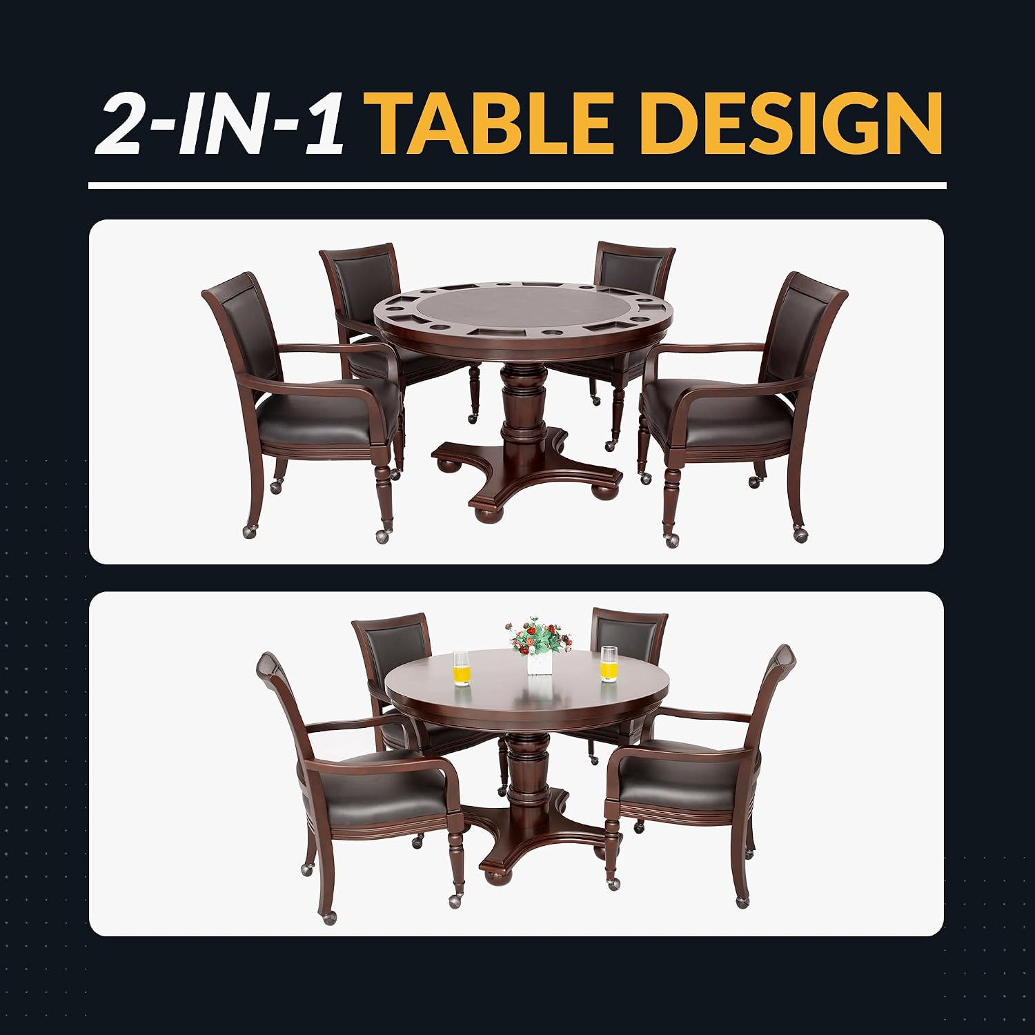 Hathaway Bridgeport 2 in 1 Round Poker Table and Chairs Set for Dining & Game Rooms – Furniture Grade Hardwood, Sturdy Pedestal Legs, Drink Holders