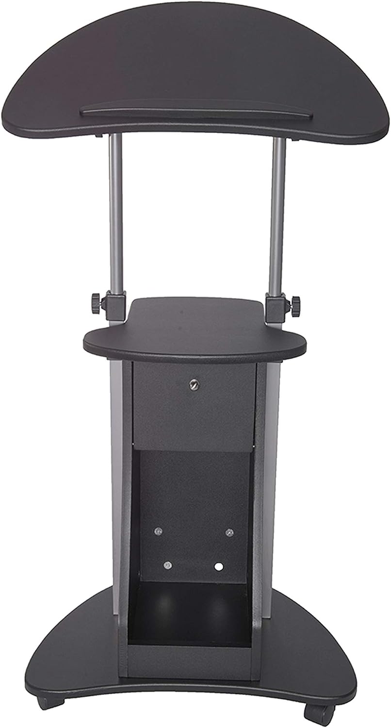 Techni Mobili Adjustable Height Rolling Laptop Cart with Storage, Graphite | Adjustable height rolling laptop cart with storage drawer, open shelf, wheels, sit‑stand design for office or medical use