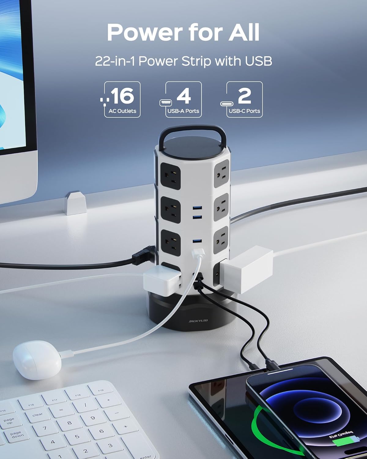 JACKYLED Power Strip Tower Surge Protector, 12 AC 6 USB (2 USB C), 1050J