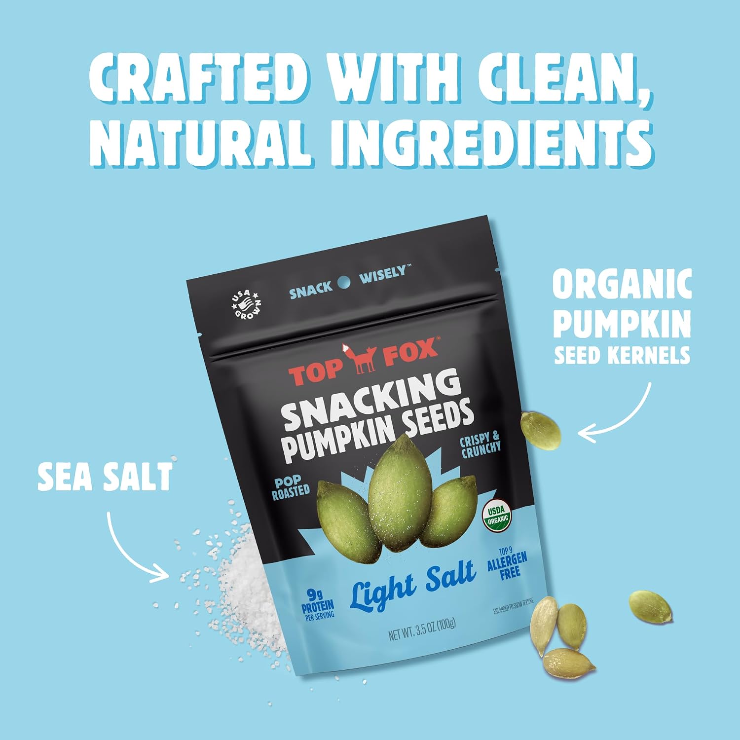 Top Fox Snacks - Organic Pop-Roasted Pumpkin Seeds | Healthy Protein Snacks - Gluten Free - Keto and Vegan Friendly (Himalayan Salt, 3.5 oz - 2 Pack)