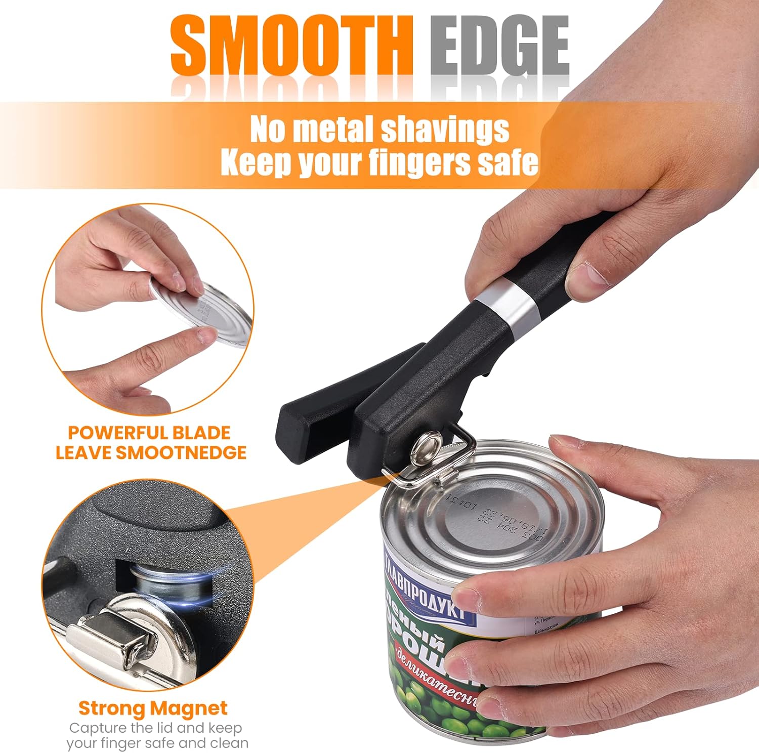 Side Cut Can Opener, Smooth Edge Manual Can Opener, Black