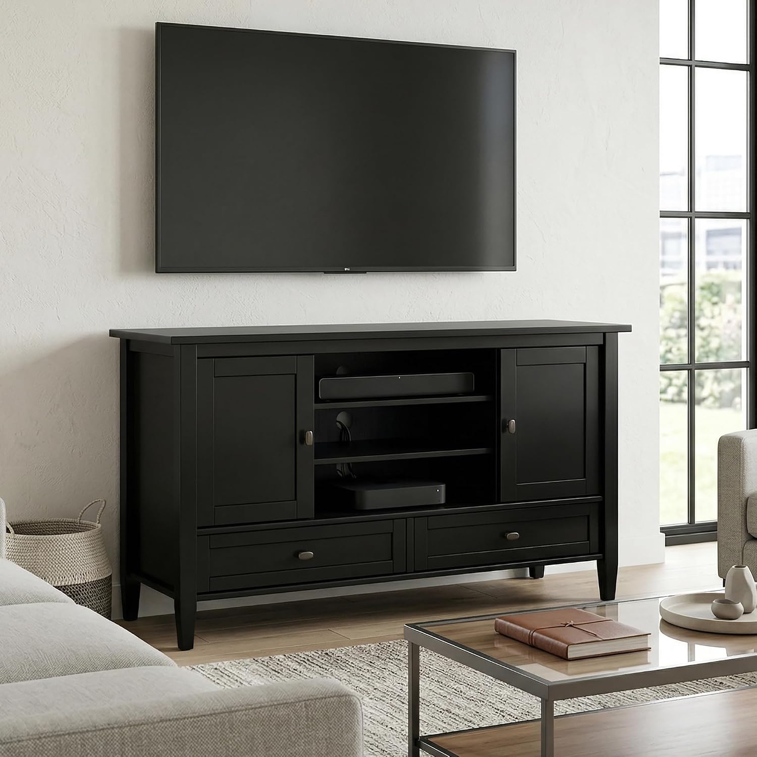 SIMPLIHOME Warm Shaker 47" Wide Solid Wood TV Stand in Light Golden Brown