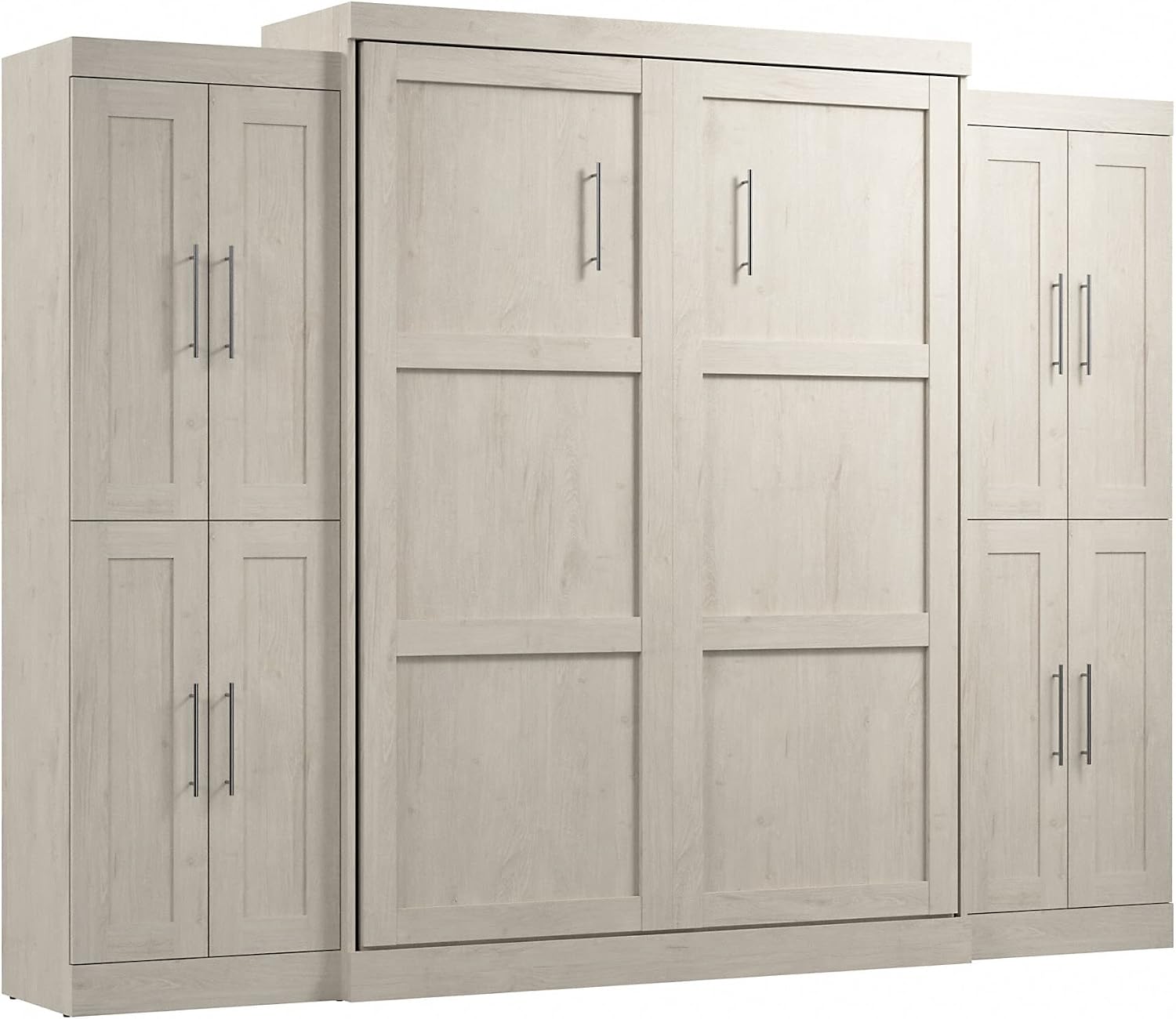 Bestar Pur Full Murphy Bed and 2 Shelving Units with Drawers, 109-inch Space-Saving Sleeping Arrangement in White | 2 Shelving Units with Drawers; supports up to 1000 lb; min. ceiling height 86.4 in.; dual piston mechanism; 10-year warranty