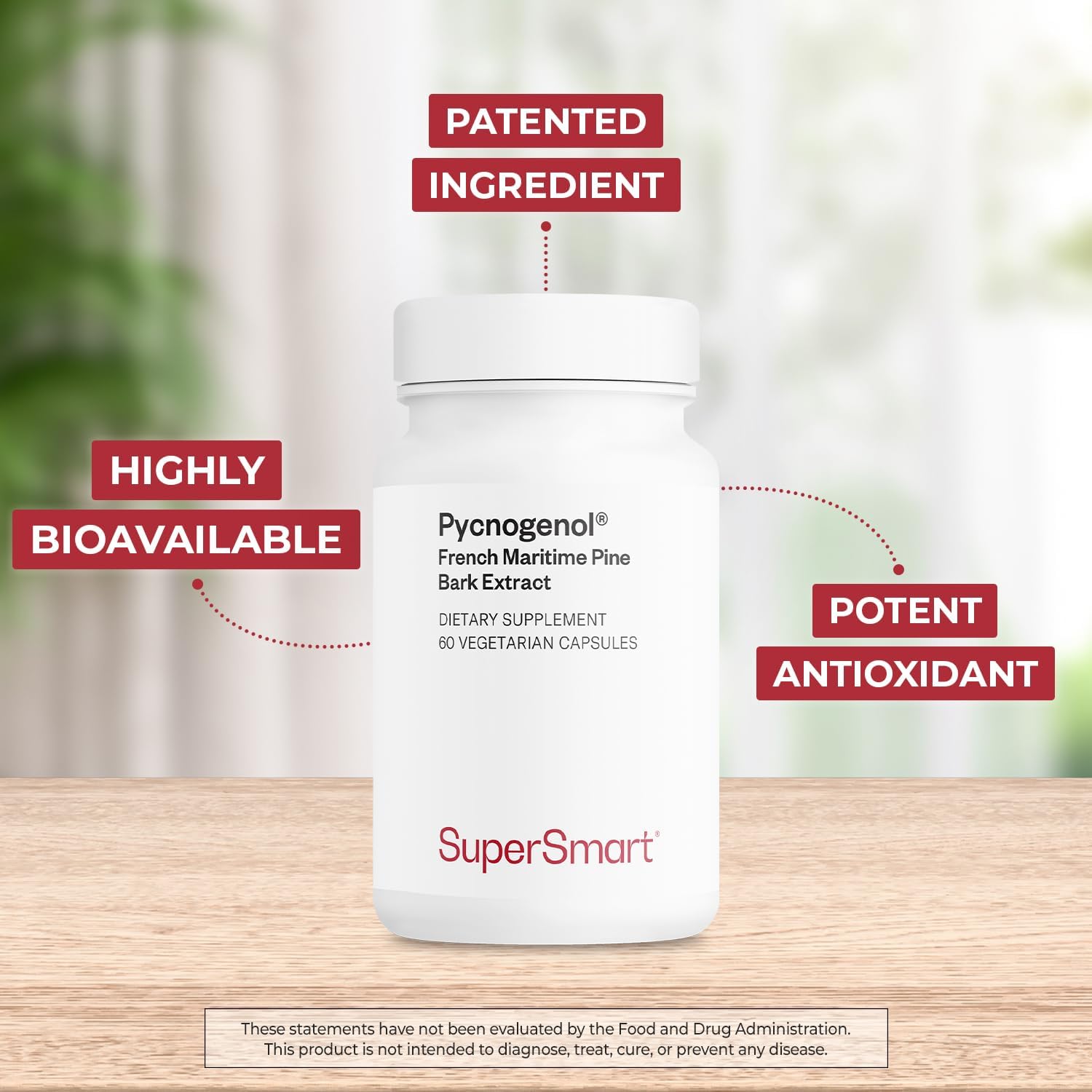 Supersmart - Pycnogenol 200mg per Day (Patented & Highly Bioavailable) - French Maritime Pine Bark Extract | Non-GMO & Gluten Free - 60 Vegetarian