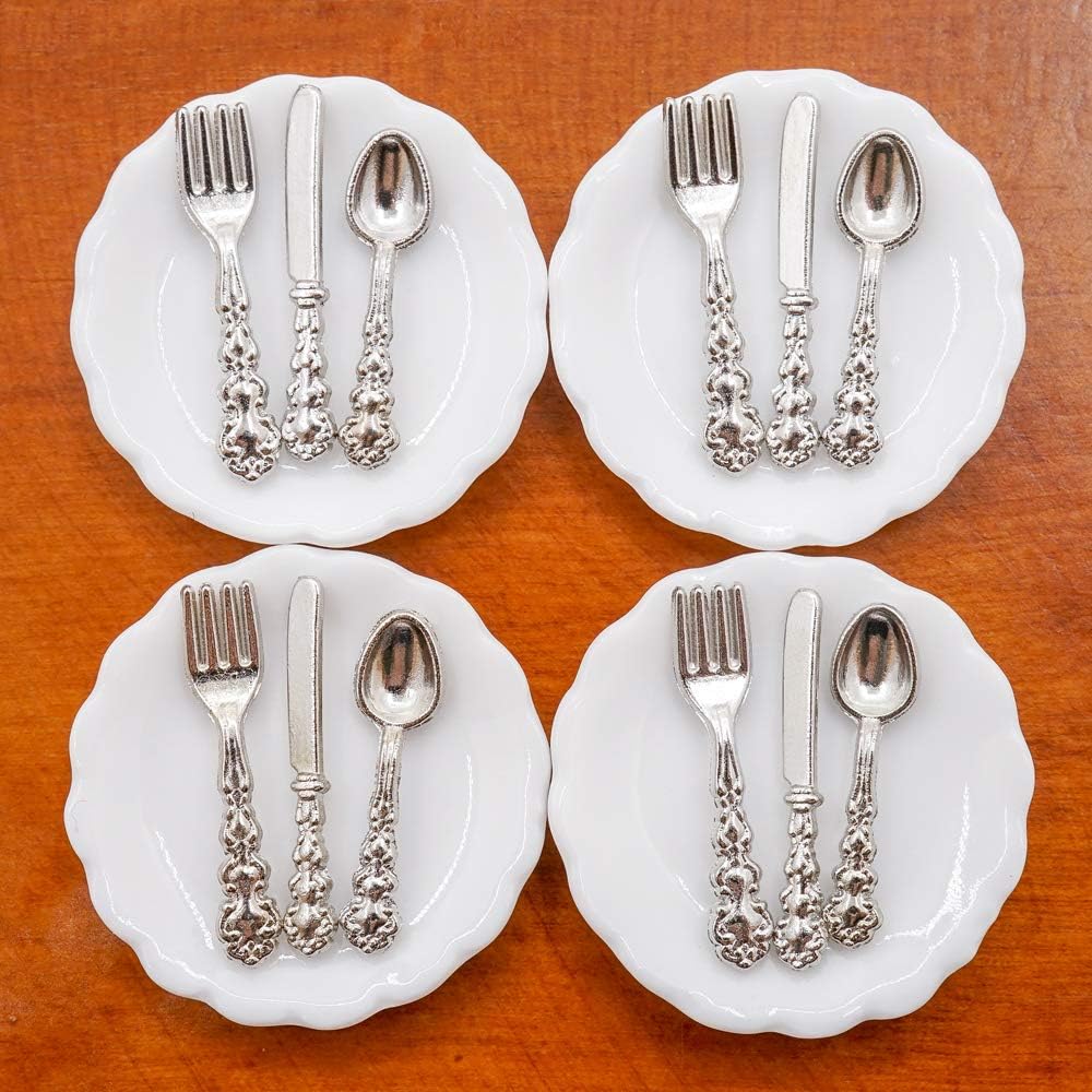 Odoria 1/12 Miniature Plates and Silverware Knife Fork Spoon Set Dollhouse Accessories, Silver
