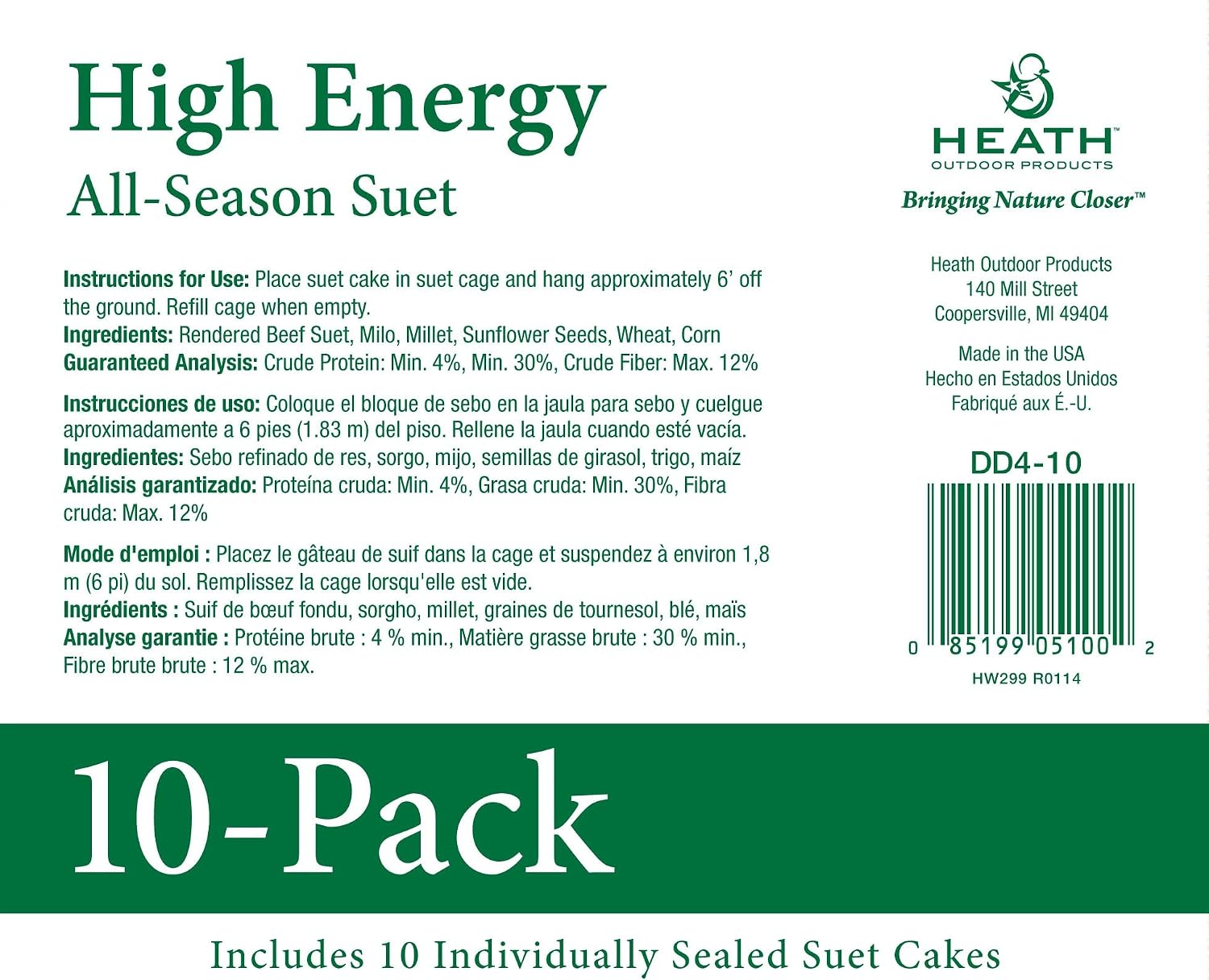 Heath Outdoor Products birds DD4-10 All Season High Energy Suet Cake, Case Of 10