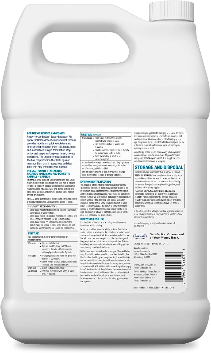Farnam Endure Fly Spray for Horses, Sweat-Resistant, 128 oz, Gallon Refill