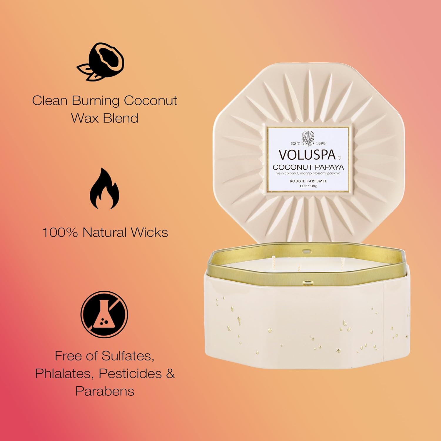 Voluspa Bourbon Vanille, Mini Tin Candle, 4 oz, 25 Hour Burn Time, Coconut Wax for Clean Burning, Handcrafted in the USA
