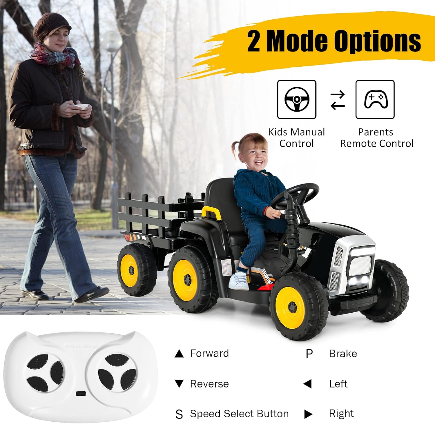 Costzon Ride on Tractor with Detachable Trailer, Kids' Electric Vehicles w/3-Gear-Shift Ground Loader, Wireless Design & USB, 7 LED Headlights