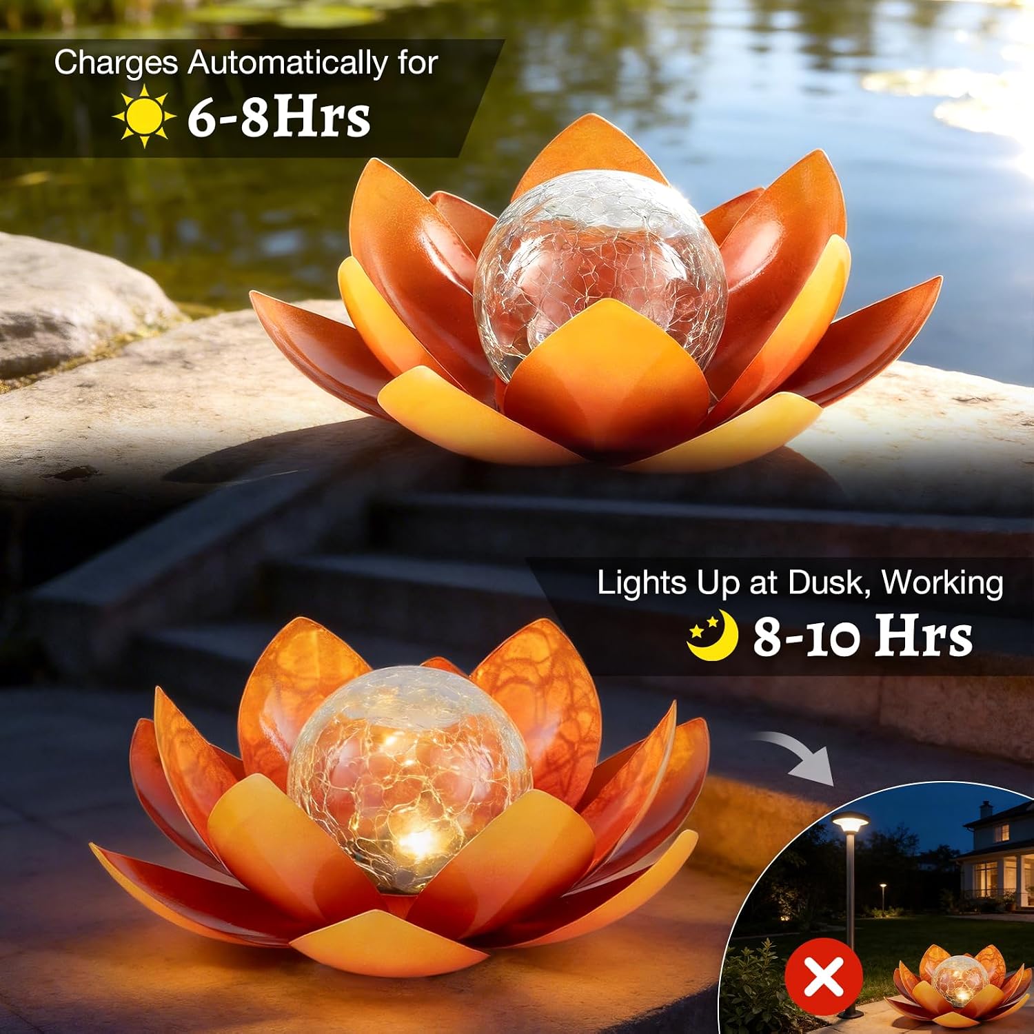 Huaxu Solar Lights Outdoor Garden, Crackle Globe Glass Lotus Decor, Waterproof LED Metal Flower Decorations for Patio,Lawn,Walkway,Tabletop,Ground