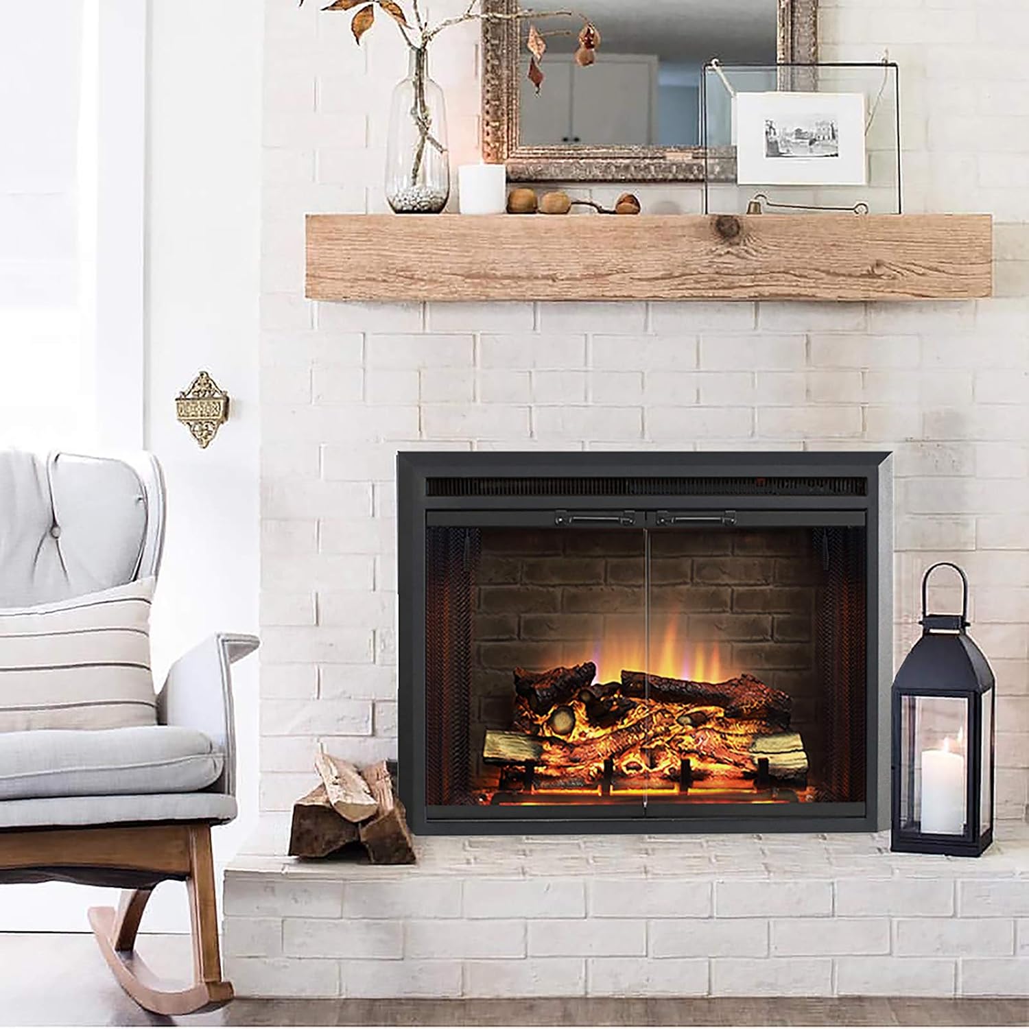 PuraFlame Klaus Electric Fireplace Insert with Fire Crackling Sound, Glass Door and Mesh Screen, 750/1500W, Black, 29 15/16 Inches Wide