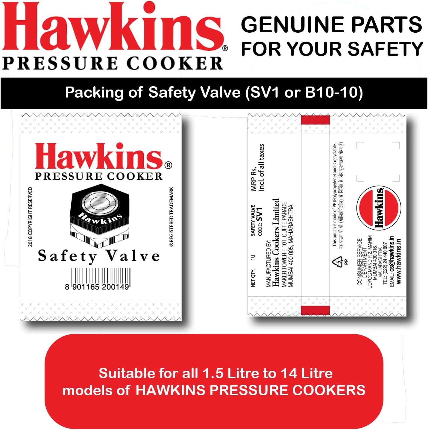 Hawkins Aluminium Safety Valve For All Hawkins Pressure Cookers From 1.5 Litre To 14 Litre, Black, Standard (BP SV), 14 Liter