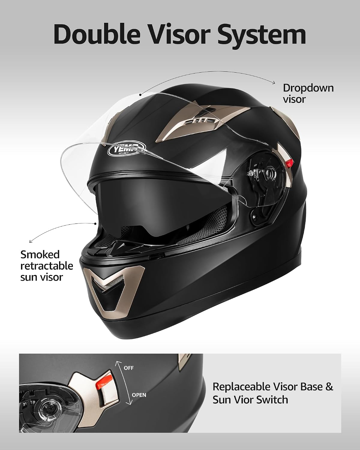 Motorcycle Full Face Helmet DOT Approved - YEMA Helmet YM-829 Motorbike Moped Street Bike Racing Casco Moto Helmet with Sun Visor for Adult,Youth Men and Women