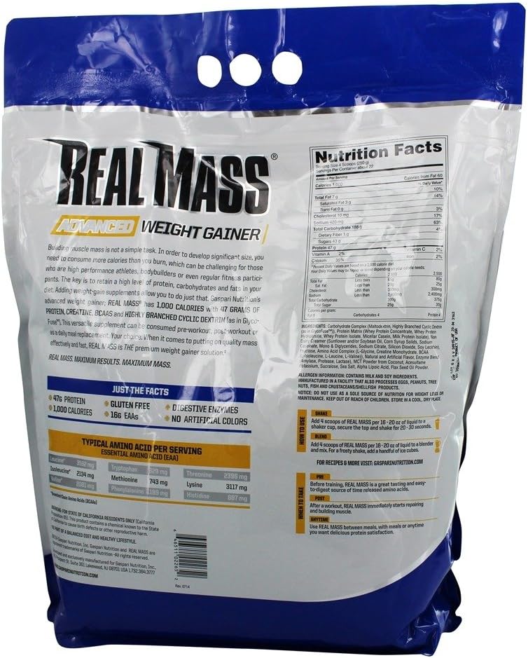 Gaspari Nutrition Real Mass: Advanced Weight Gainer, Protein and Complex Carb Blend, 50g Protein, 16g EAAs, Gluten-Free, 12 lbs (Vanilla Milkshake)