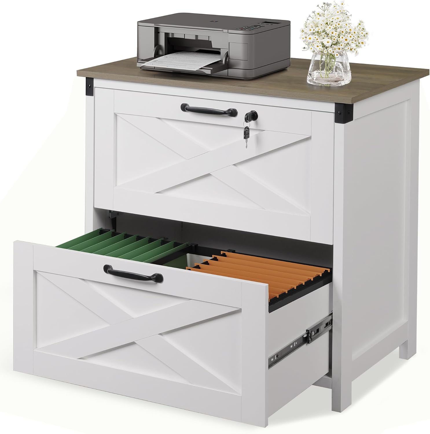 DEVAISE 2-Drawer Lateral File Cabinet with Lock, White | Wood, Office Storage Cabinet, Letter, Legal & A4 Compatible, Farmhouse Style, Printer Stand, Home Office