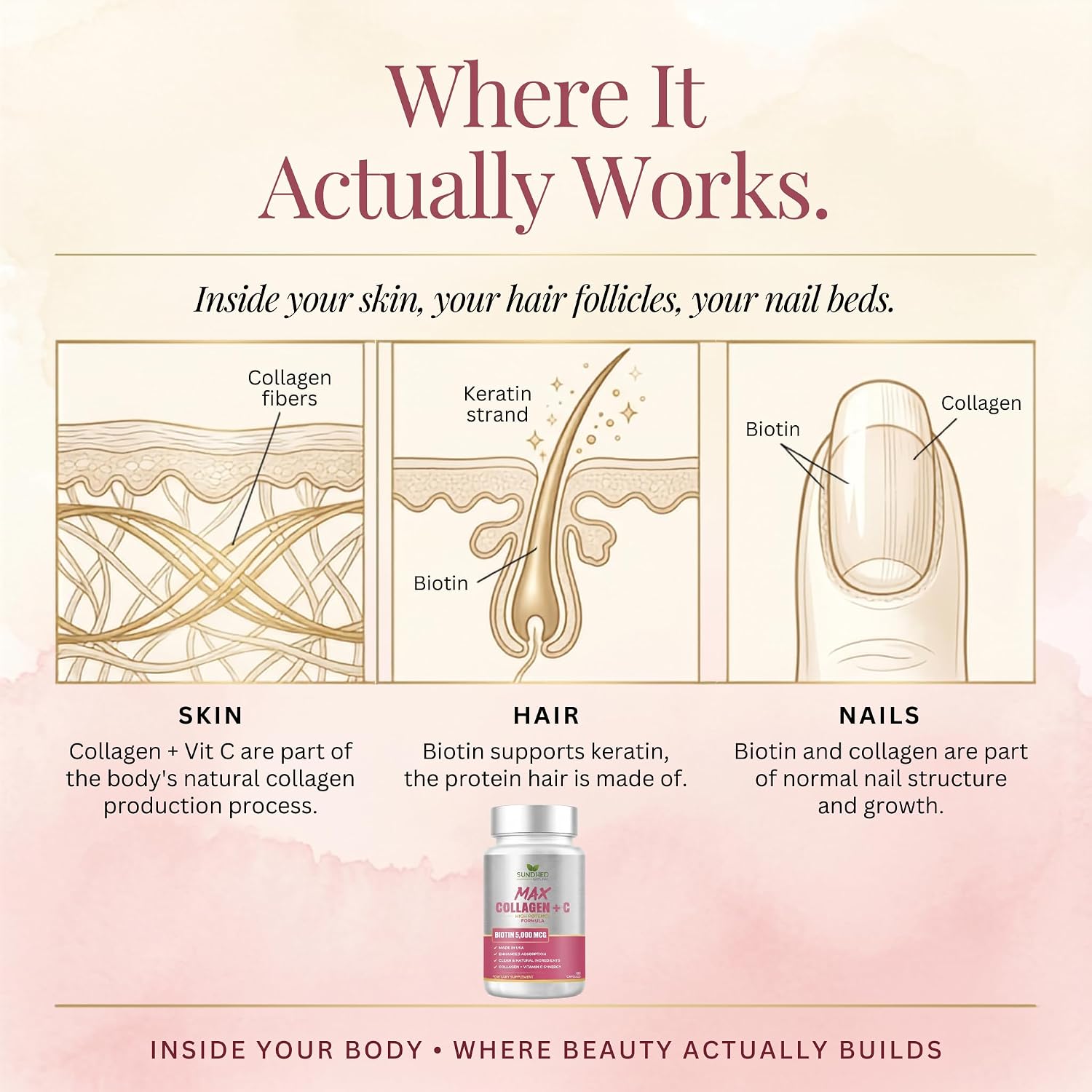 Max Collagen Plus C (60 caps) - All Natural Collagen Capsules with Biotin & Bioperine to Boost Anti Aging Hydration & Skin Firmness - Collagen Pills to Strengthen Bones & Nails