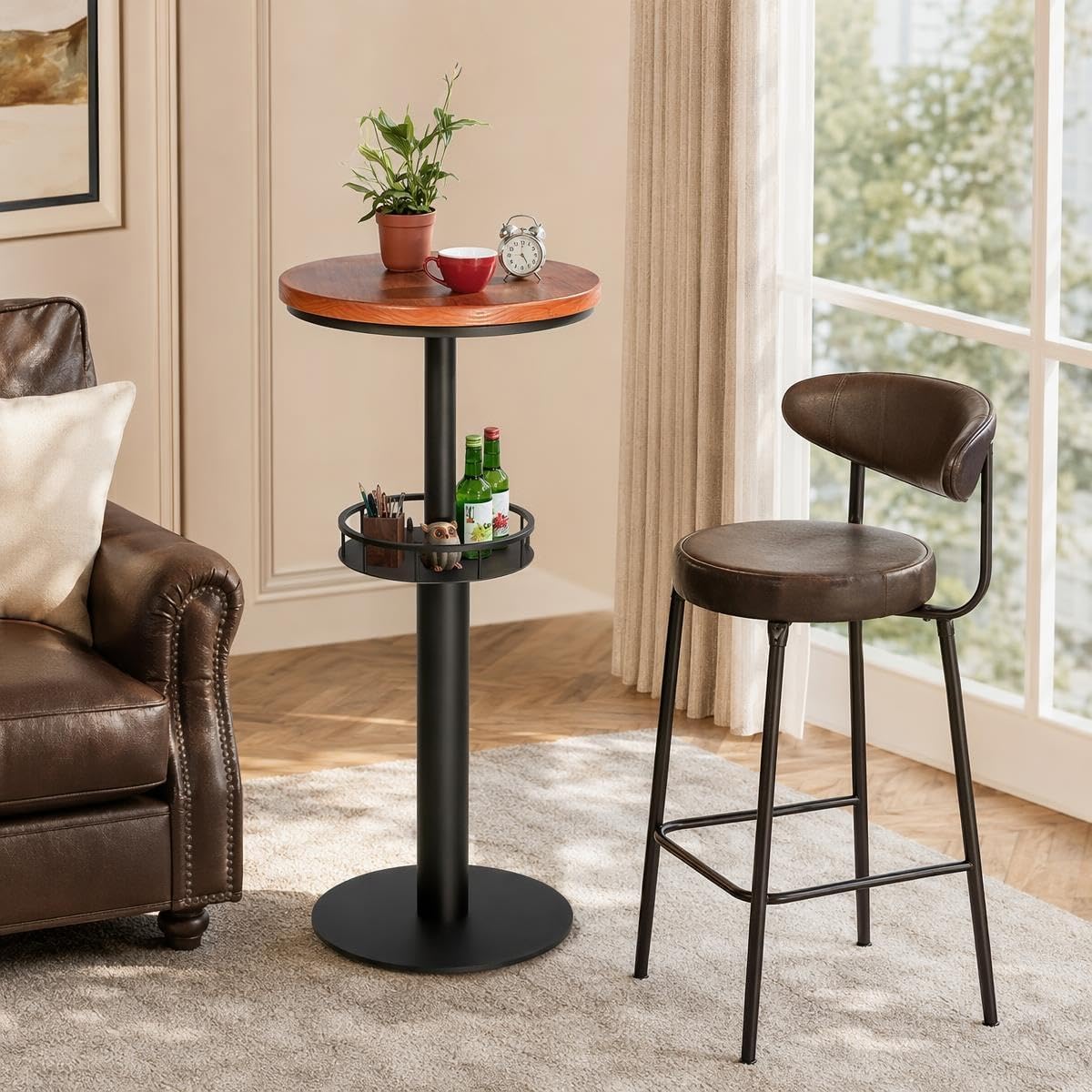 LOKKHAN 42" Tall Rustic Industrial Bar Table 19.68" Dia Round Wooden Top Metal Frame Height Fixed Standing Pub Dining Room Bistro Cocktail Table, Black & Brown
