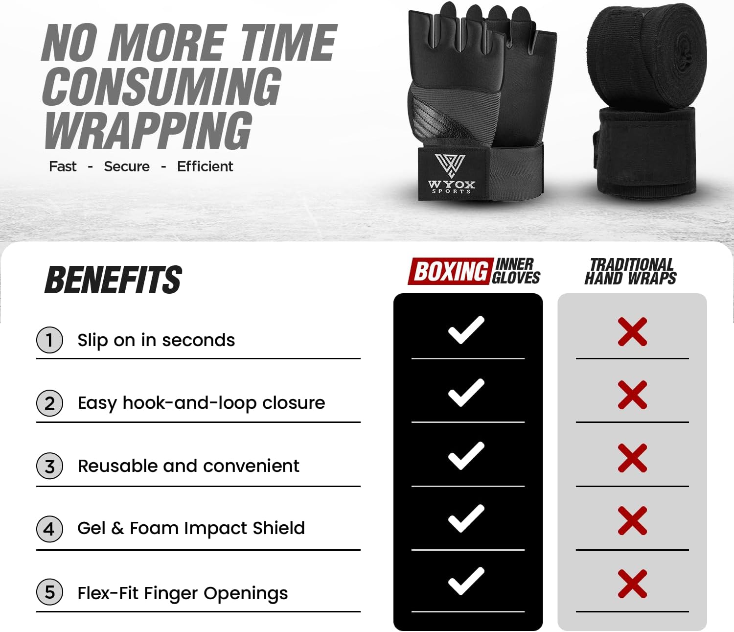WYOX Neoprene Gel Boxing Hand Wraps Inner Gloves for Men & Women – 80cm/31in Quick Wrist Strap, Padded Knuckle Protection