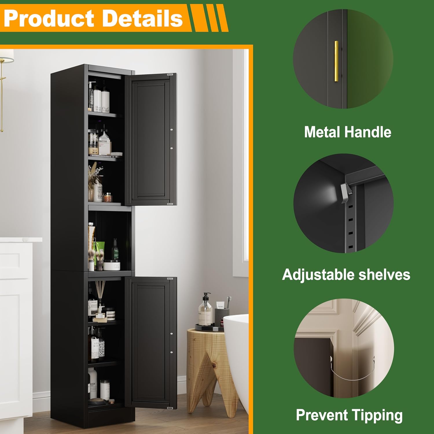 Ckzbx Tall Narrow Storage Cabinet 66.93" H Tall Bathroom Cabinet Metal Pantry Cabinets, 4 Adjustable Shelves for Kitchen, Home Office, Living Room, Dinning Room (20 inches Wide White)
