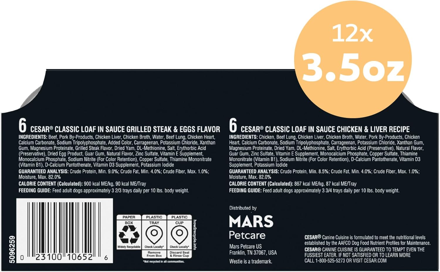 Cesar Classic Loaf Wet Dog Food, Meaty Selects, 3.5 oz, 12 Count, 2-Pack | Made in USA, Filet Mignon & Porterhouse Steak flavors, real beef #1 ingredient, no artificial flavors, easy peel trays