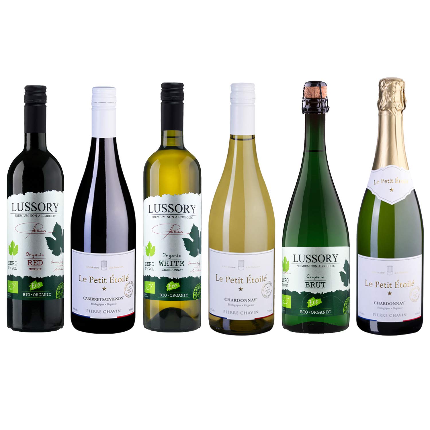 Organic Non-Alcoholic Wine Sampler -Six (6) Bottles 750ml Each - Lussory Organic Merlot, Chardonnay, Brut and Le Petit Étoilé Cabernet, Chardonnay
