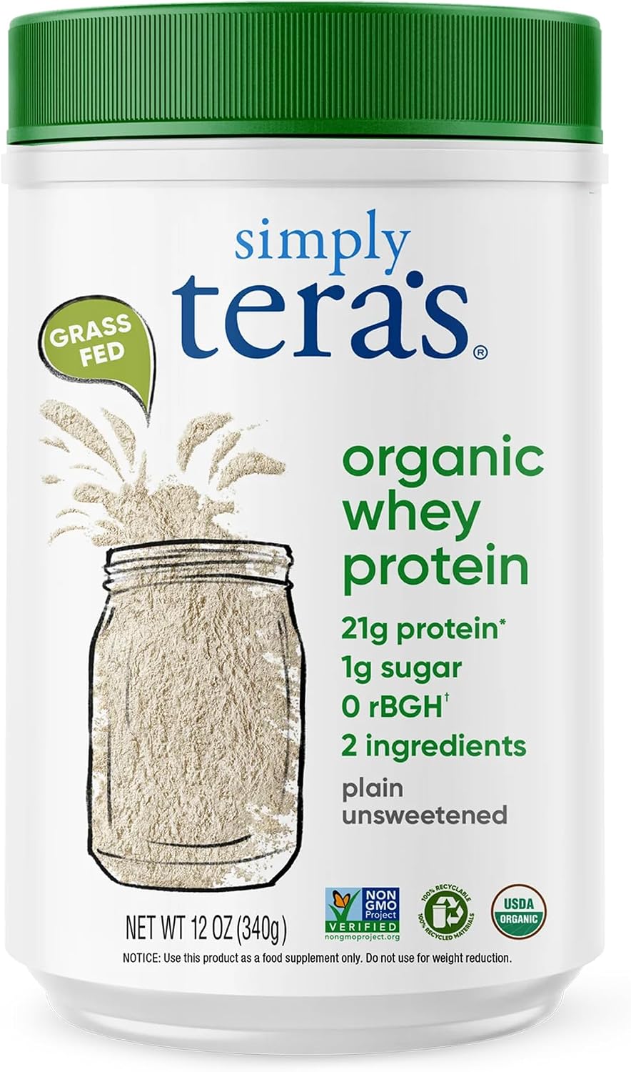 Simply tera's Organic Whey Protein Powder, Plain Unsweetened - 12 Oz | Grass Fed Whey Protein Powder Without Artificial Sweeteners, Unflavored