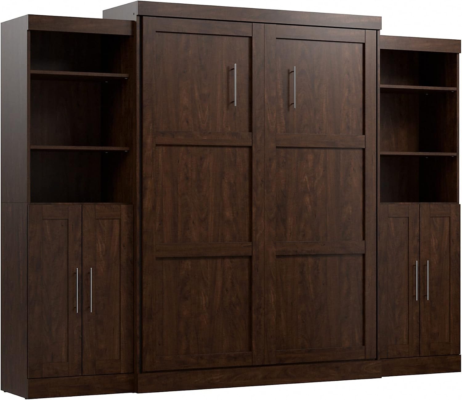 Bestar Pur Full Murphy Bed and 2 Shelving Units with Drawers, 109-inch Space-Saving Sleeping Arrangement in White | 2 Shelving Units with Drawers; supports up to 1000 lb; min. ceiling height 86.4 in.; dual piston mechanism; 10-year warranty