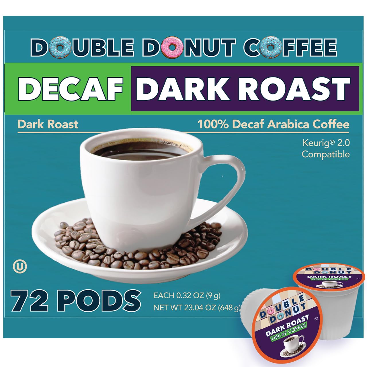 Double Donut Coffee Double Donut Medium Roast Decaf Coffee Pods, Classic, for Keurig K-Cup Machines, 24 Single-Serve Capsules per Box