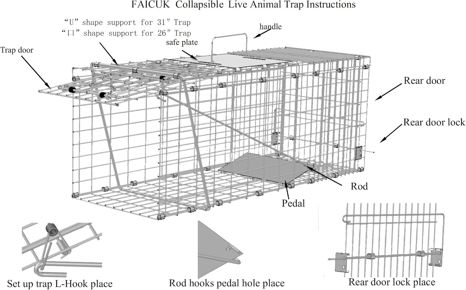 Faicuk Large Collapsible Humane Live Animal Cage Trap for Raccoon, Opossum, Stray Cat, Rabbit, Groundhog and Armadillo 32 x 11 x 13 Inch