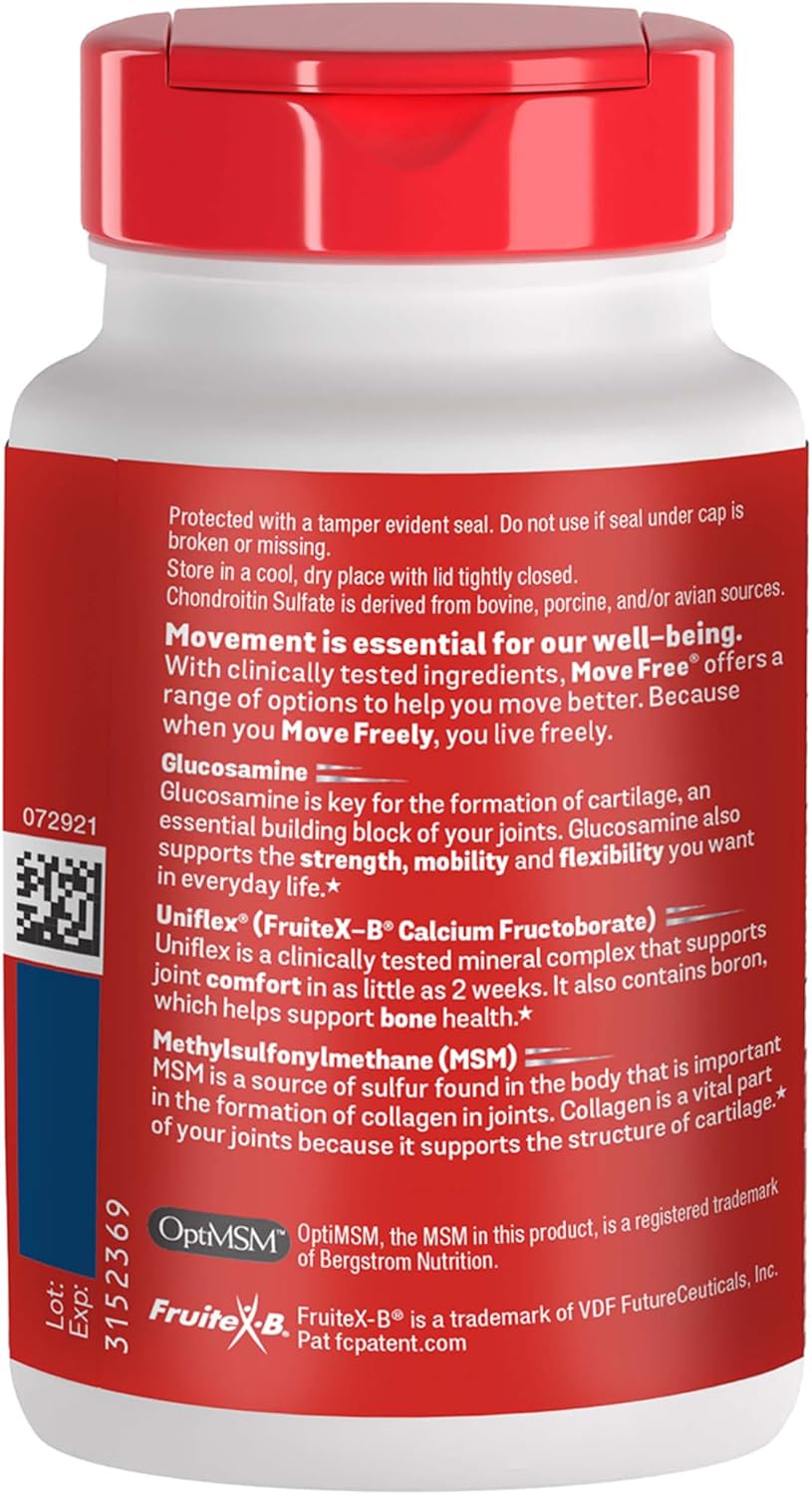 Move Free Advanced Joint Support, Glucosamine, Chondroitin + MSM - 120 ct | Supports Mobility Comfort Strength Flexibility & Bone, 40 Servings, Bone & Joint Support Supplement tablets, Fruitx-B