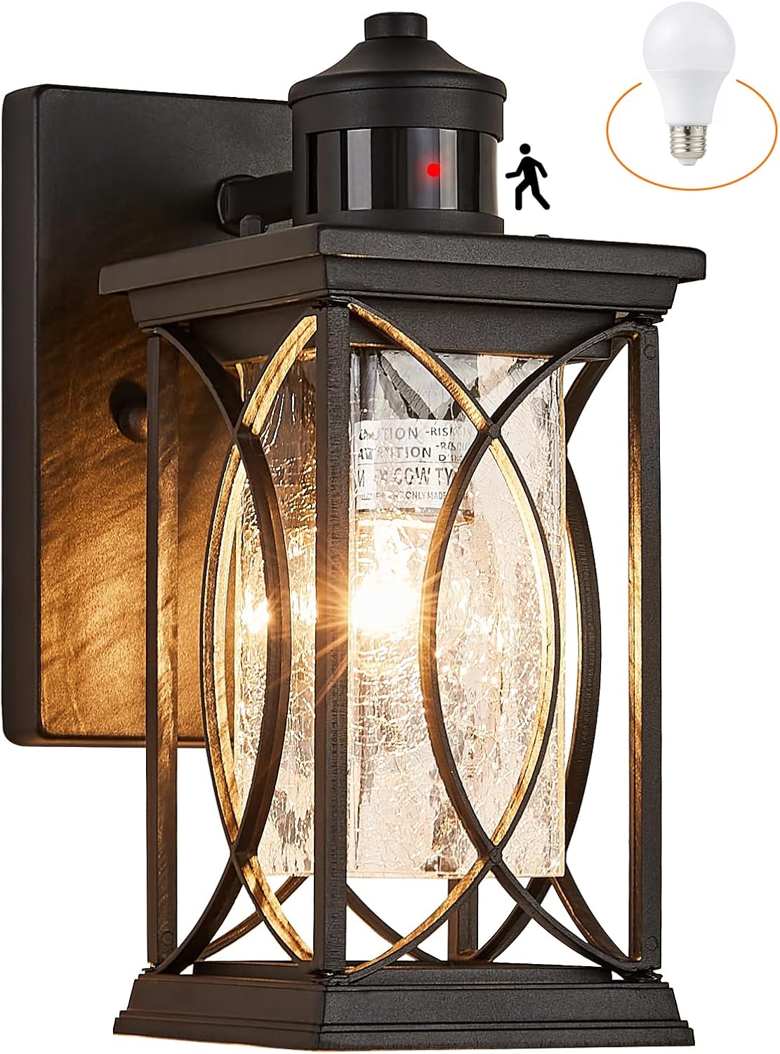 Dusk to Dawn Modern Outdoor Coach Lantern Exterior Light Fixtures Black Aluminum with Crack-Like Glass Waterproof Wall Sconce Mission Outside Light