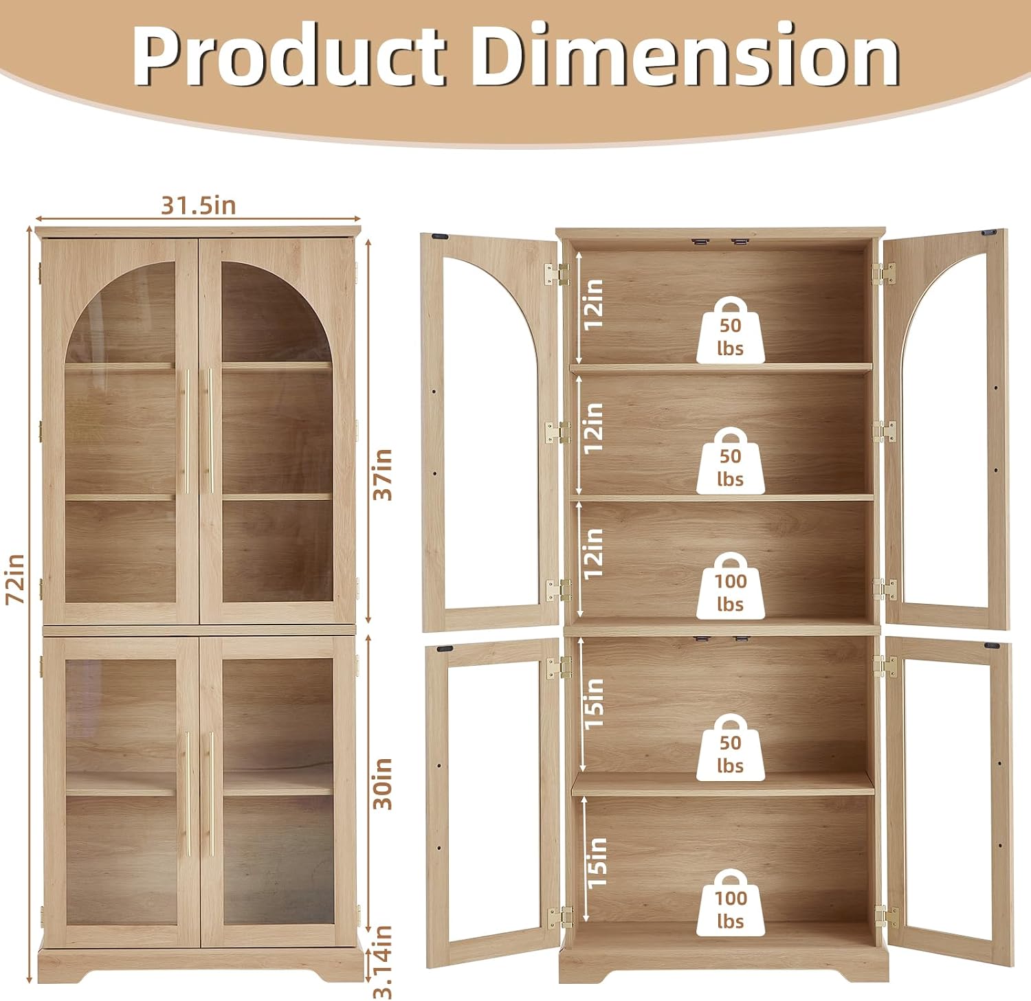 Joaxswe 72" Tall Bookshelf with 4 Curved Glass Doors, Farmhouse Bookcase with 3-Tier Adjustable Shelves, Modern Living Room Display Cabinet, Large Storage Cabinet for Home Office,Dining Room, Natural