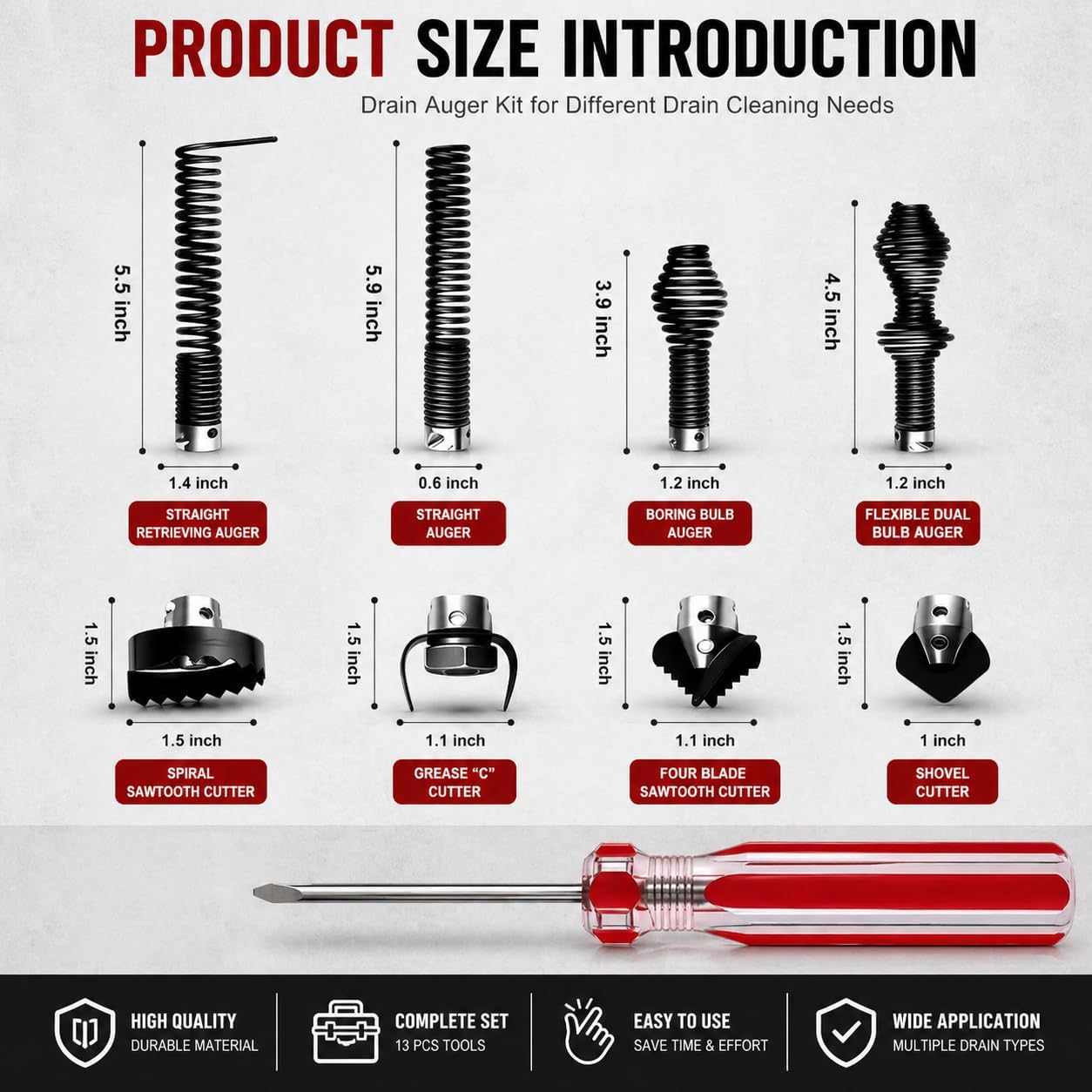 10PCS K-400 Drain Snake Drill Attachment Kit - 5/8 Inch Auger Cutter Heads & Spiral Tips Set for K-400 C-4/C-6/C-7/C-8/C-9