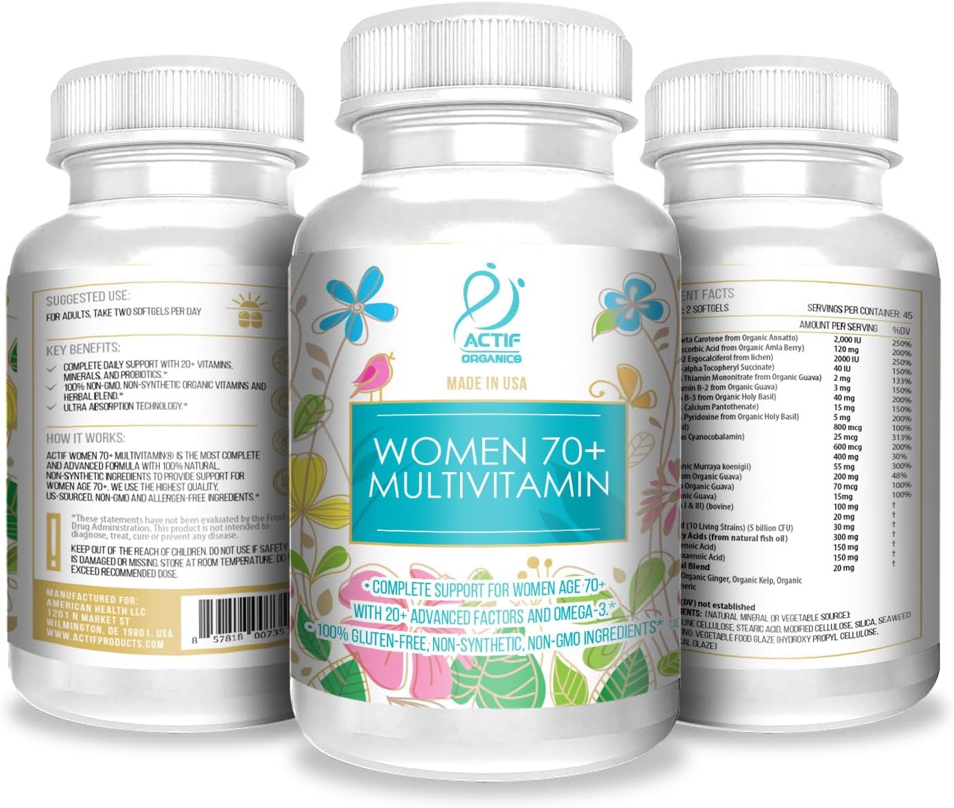 ACTIF Organic Multivitamin for Women Age 70+ with 20+ Advanced Factors and Omega-3 Oil, Non-GMO, Made in USA, 90 Count RealCaps