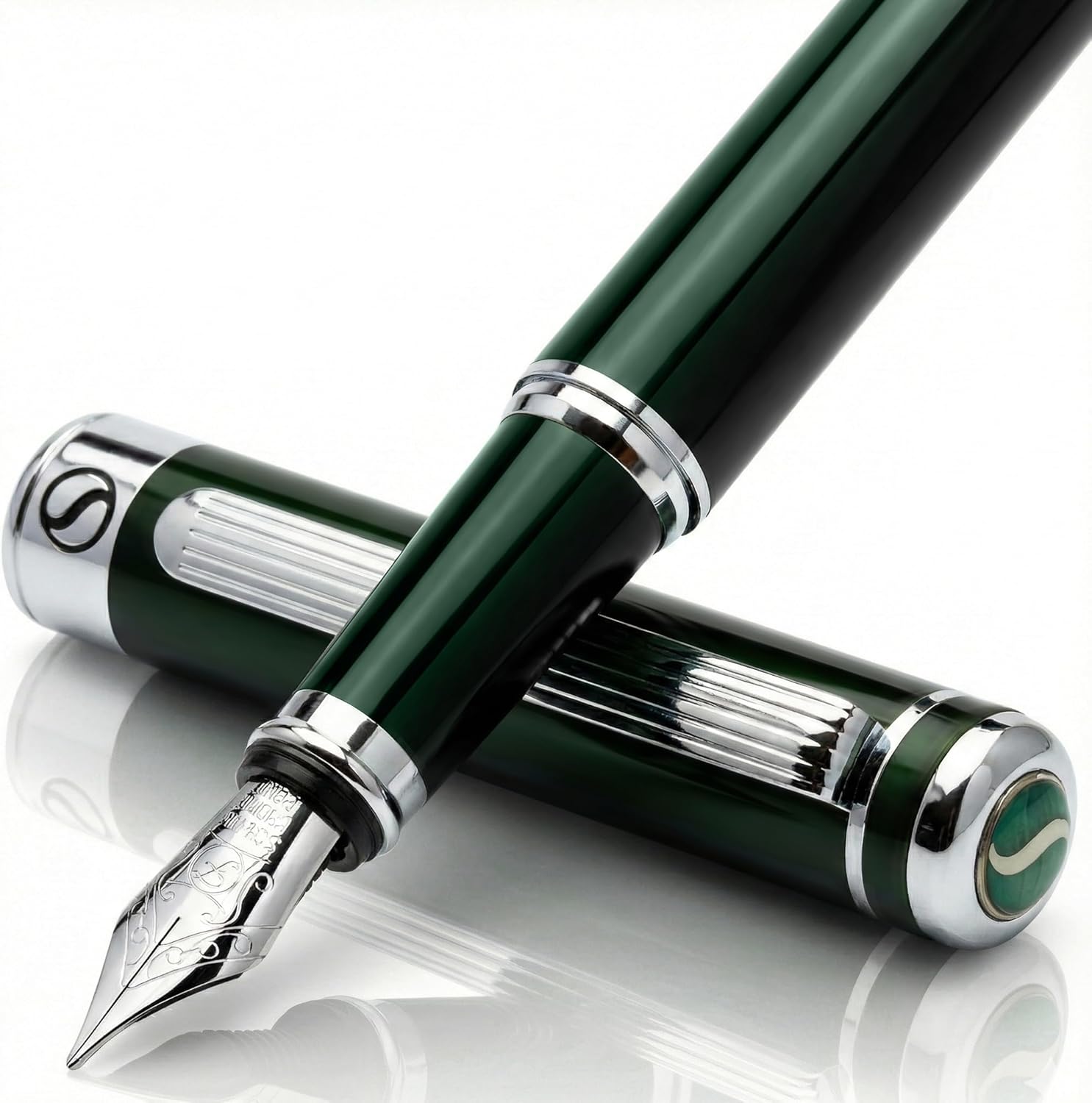 Scriveiner Silver Chrome Fountain Pen - Stunning Luxury Pen, Real Gold Finish Schmidt Gilded Nib (Medium), Best Pen Gift Set for Men & Women
