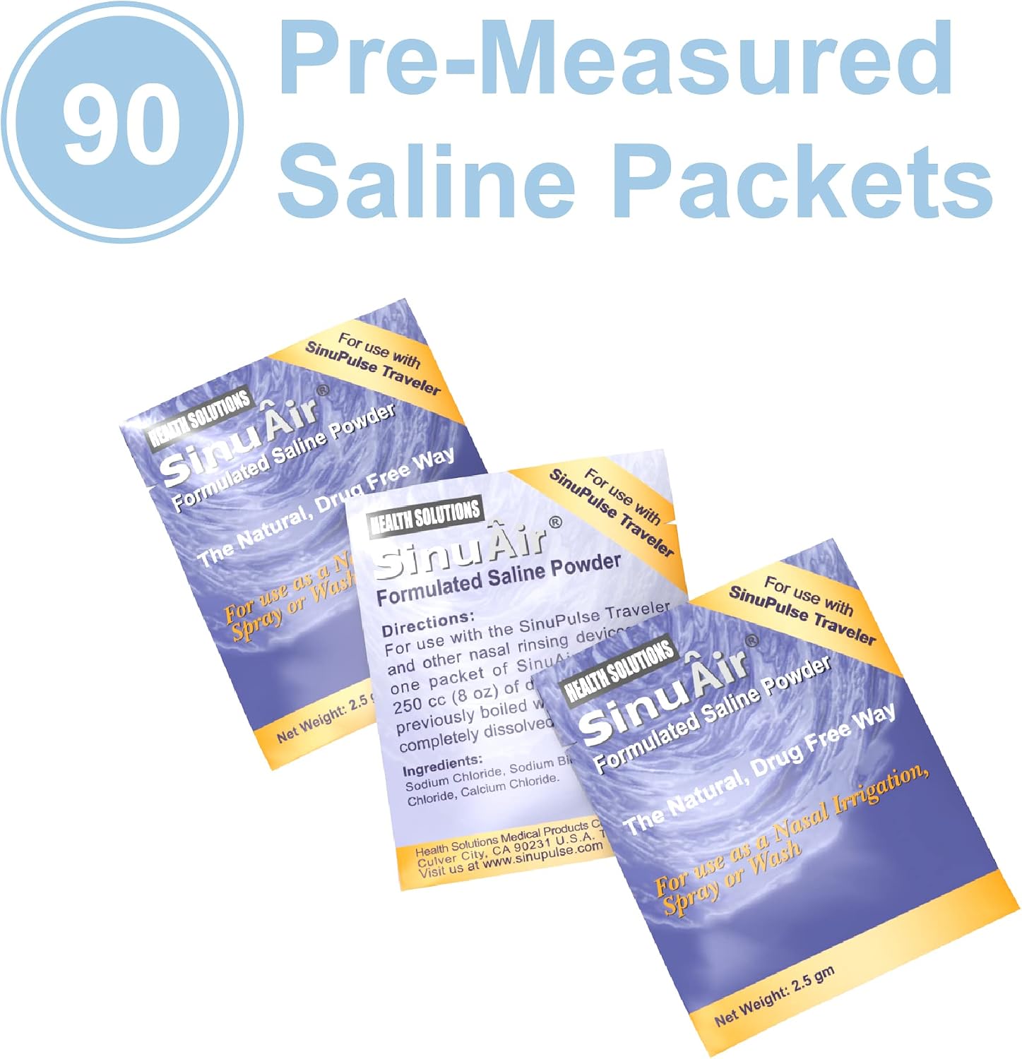 SinuAir Traveler Saline Packets - Sodium Chloride with Potassium & Calcium, Salt Solution Powder Refill Packs for Nasal Irrigation Machine