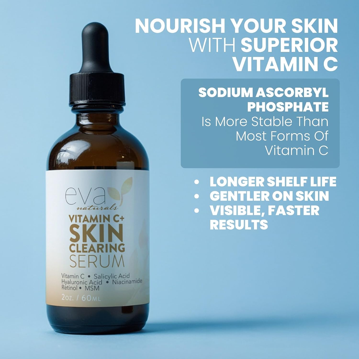 Eva Naturals Vitamin C Serum, Retinol, Niacinamide & Salicylic Acid, 1 oz | Hyaluronic acid, dark spots, brightening, dark spot remover & corrector, anti-aging