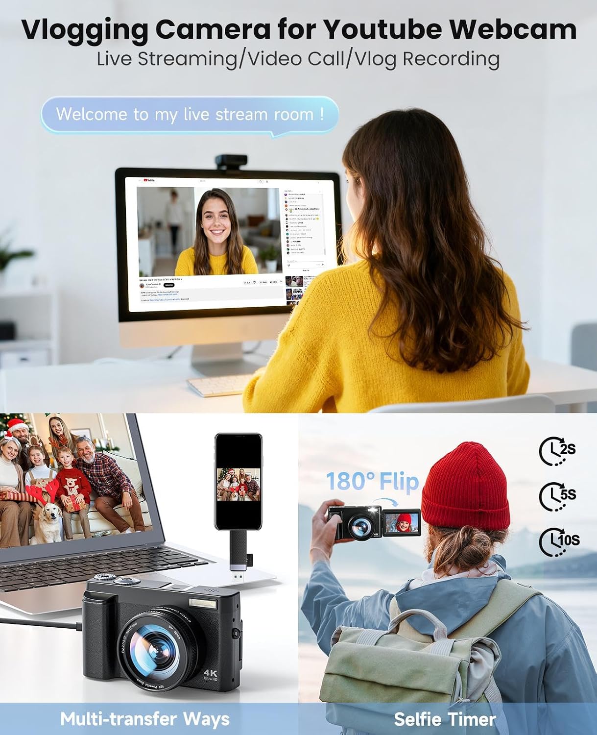 4K Digital Camera for Photography, with WiFi, 180° Flip Screen, 32GB Card | 64MP, Autofocus, 30FPS Video, Flash, Anti-Shake, 16X Zoom