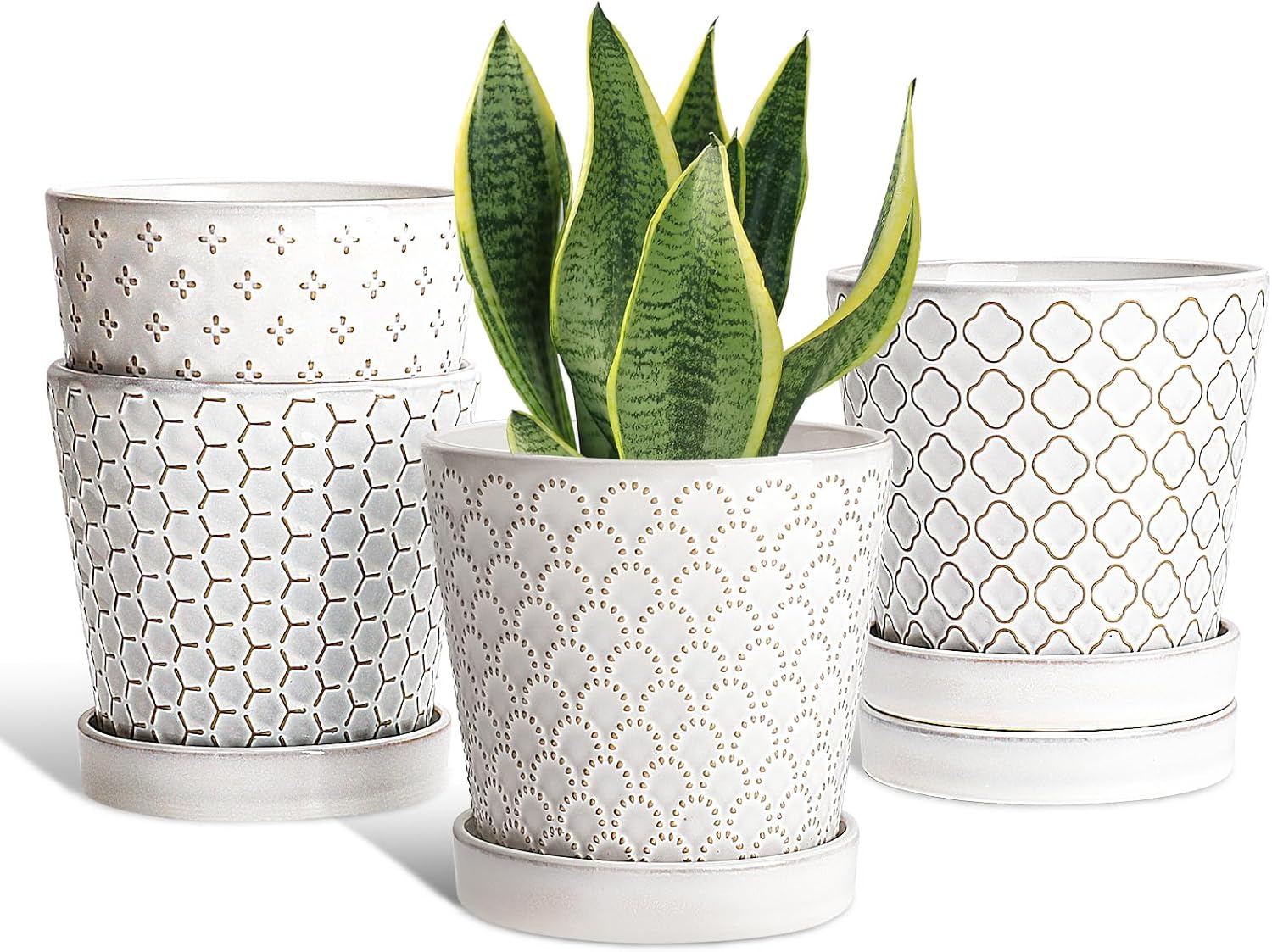 EFISPSS Ceramic Plant Pots, 5 Inch Planters with Drainage Holes and Ceramic Tray, Relief Design Flower Planter