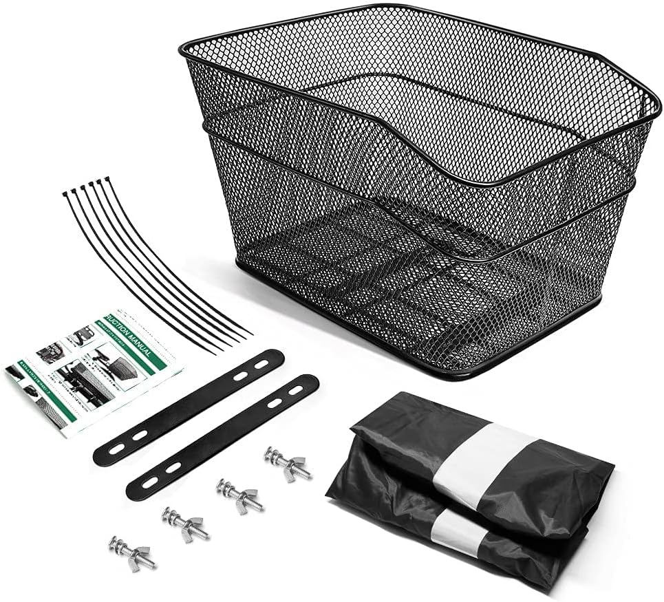 Rear Bike Basket with Rain Cover, Heavy-Duty Wire Cargo Rack | Suits most bicycles, ideal for commuting & shopping, easy mount