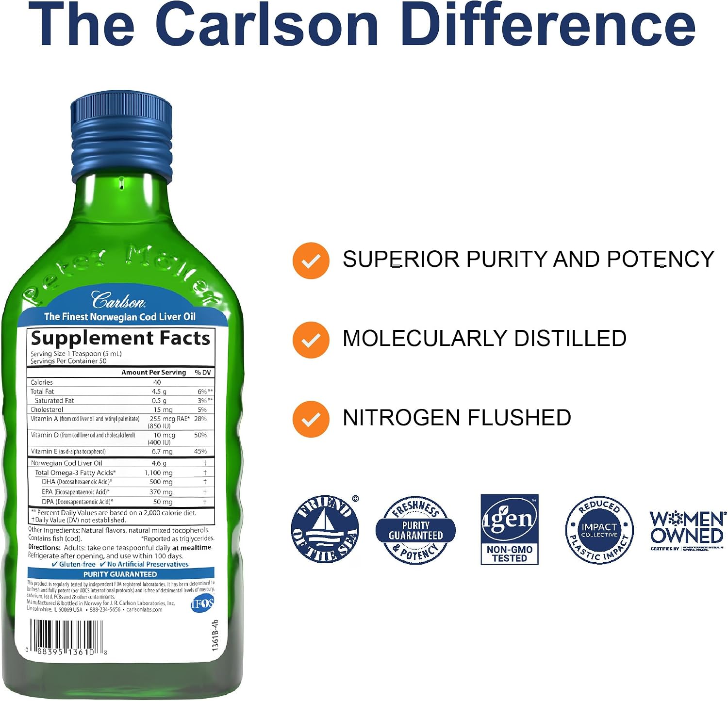 Carlson Cod Liver Oil, 1100 mg, Omega-3s, Lemon, 500 mL (16.9 Fl Oz) | plus Vitamins A and D3; Wild Caught Norwegian Arctic Cod Liver Oil; Sustainably Sourced Nordic Fish Oil Liquid