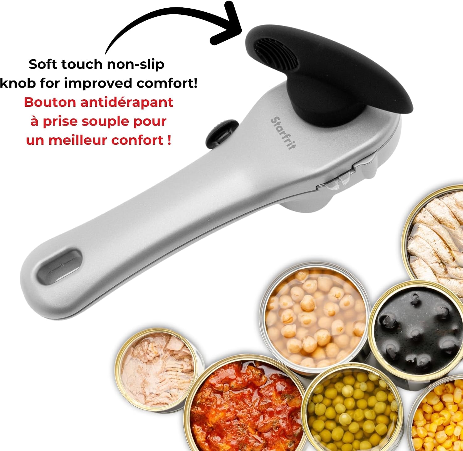 Starfrit Securimax Auto Can Opener, Patented Safe Edge Technology with Lid Lifter, Leaves No Sharp Edges on Lid & Can, Ambidextrous Use