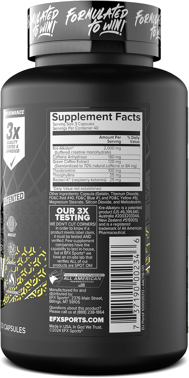 EFX Sports Kre-Alkalyn Hardcore | Thermogenic pH Correct Creatine Monohydrate Pill Supplement | Energy & Strength Pre Workout | 40 Servings, 120 Capsules
