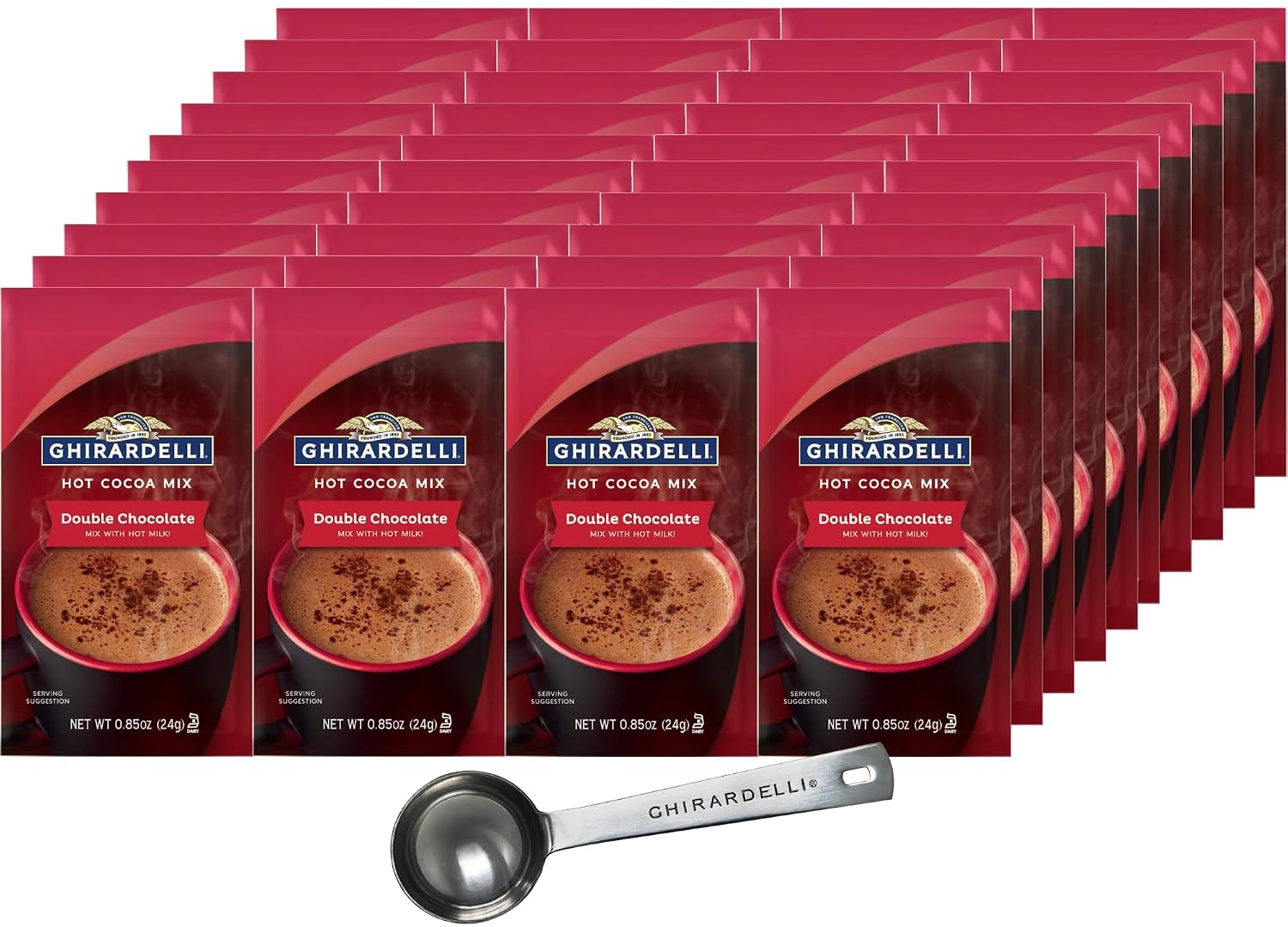 Ghirardelli Double Chocolate Hot Cocoa Mix, Approximately 0.85 oz Packets (Pack of 25) with Cocoa Scoop