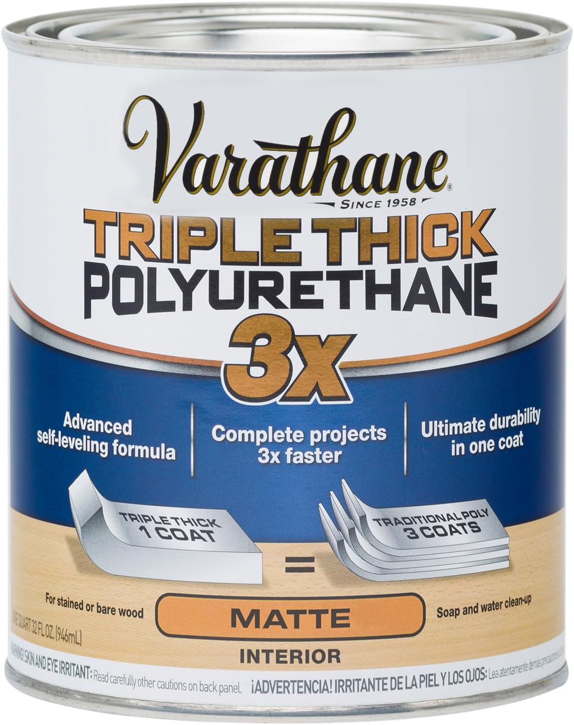 Varathane Triple Thick Polyurethane Gloss Wood Finish | One Coat Protection, Self-Leveling Formula, Scratch And Stain Resistance, Crystal Clear Finish, Quart