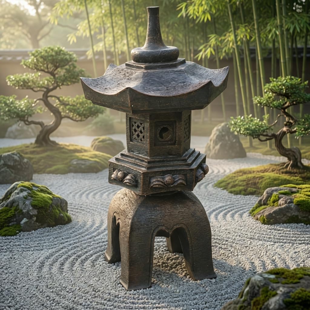 Bellaa Japanese Pagoda Garden Statue - 17” Brown Polyresin Zen Lantern Outdoor Decor