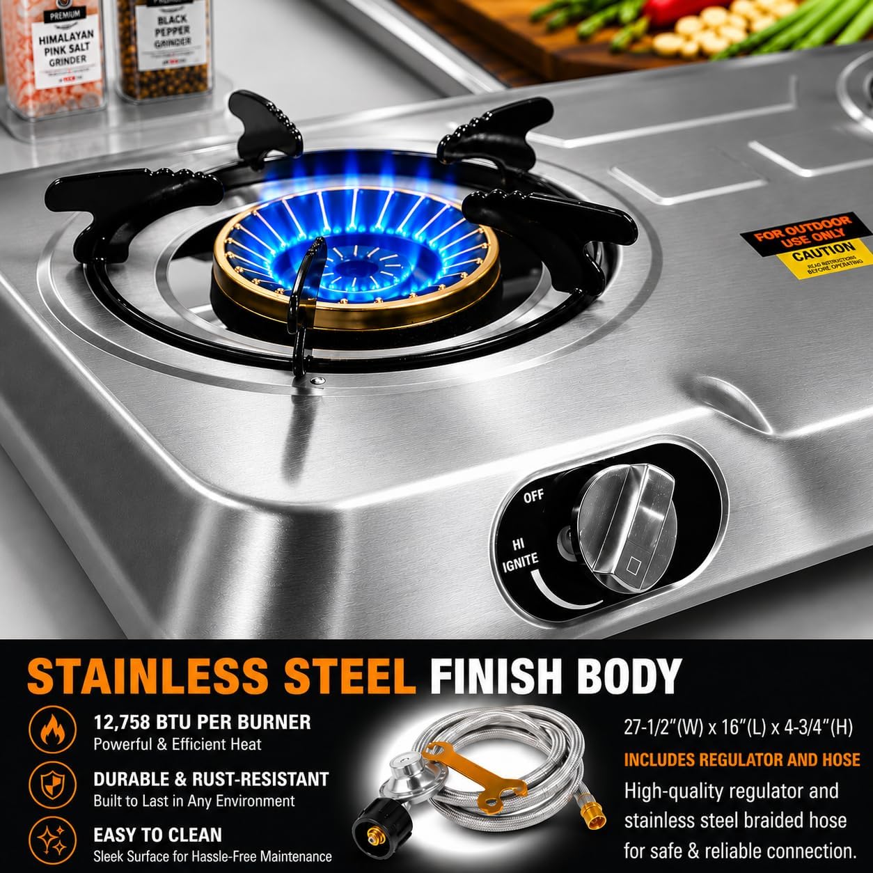 XtremepowerUS Double Burner Propane Stove, 25, 516 BTU Outdoor Camping Cooktop with Auto Ignition, Portable Stainless Steel LPG Gas Stove for Camping