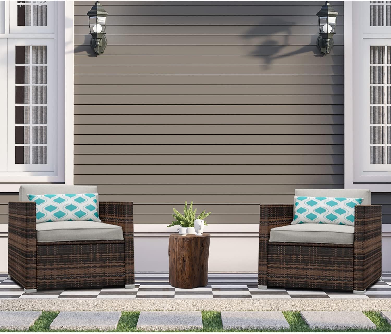 HOMPUS Patio Furniture Armchair, 2 Pieces Rattan Wicker Single Chairs with Outdoor Tree Stump Side Table