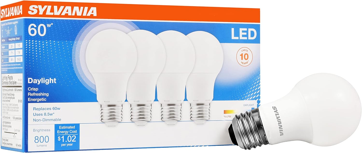Sylvania LED A19 Light Bulb, 100W = 14W, Non-Dimmable, Frosted Finish, 1500 Lumens, 2700K, Soft White - 4 Pack (78101)